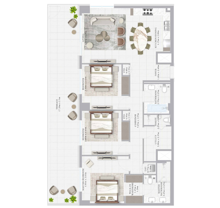 Emaar Ocean Point 3 Bedroom Apartment Floor Plan